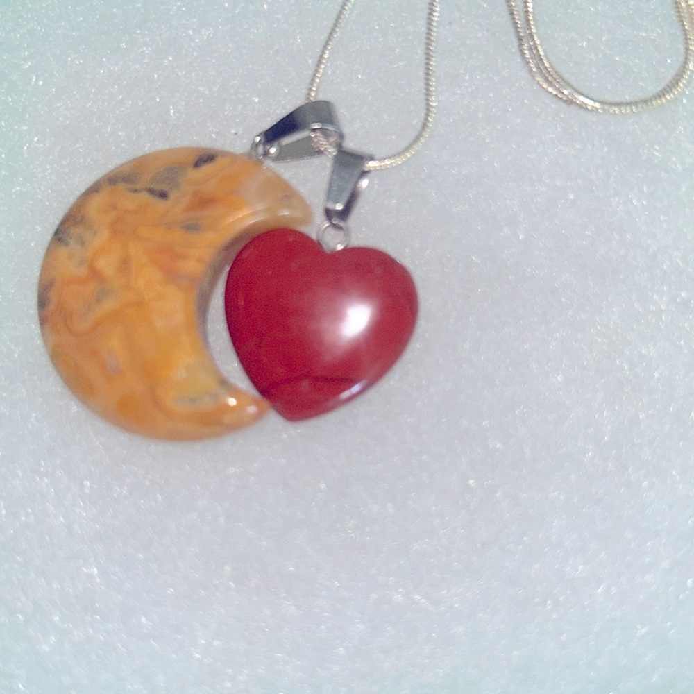 Boho hippie Red Jasper Heart ❤️ and Agate Moon 🌙 Sterling Silver 24” Necklace